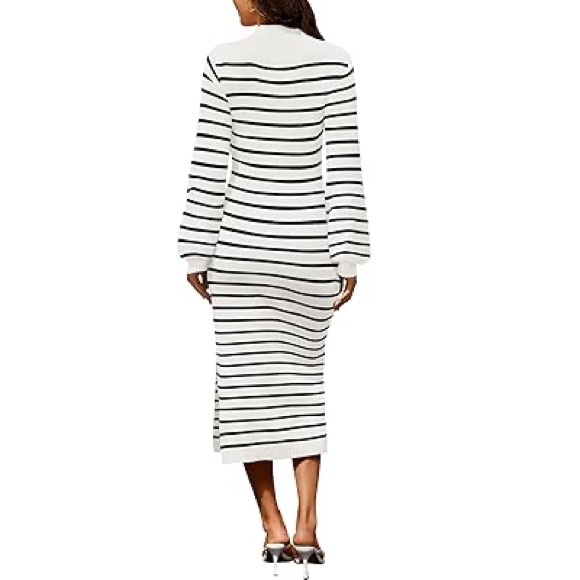 MIROL Mujer Mock Neck Striped Dress Long Puff Sleeve Side Slit Knit Sweater Sz L - Picture 4 of 14